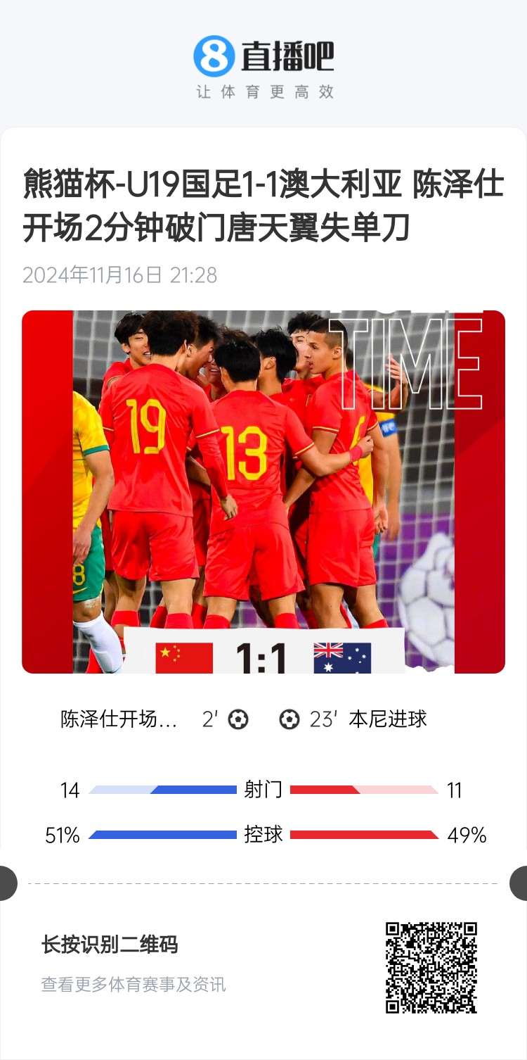  二番戰(zhàn)！U20國(guó)青與澳大利亞去年熊貓杯剛有過(guò)交手，雙方1-1戰(zhàn)平
