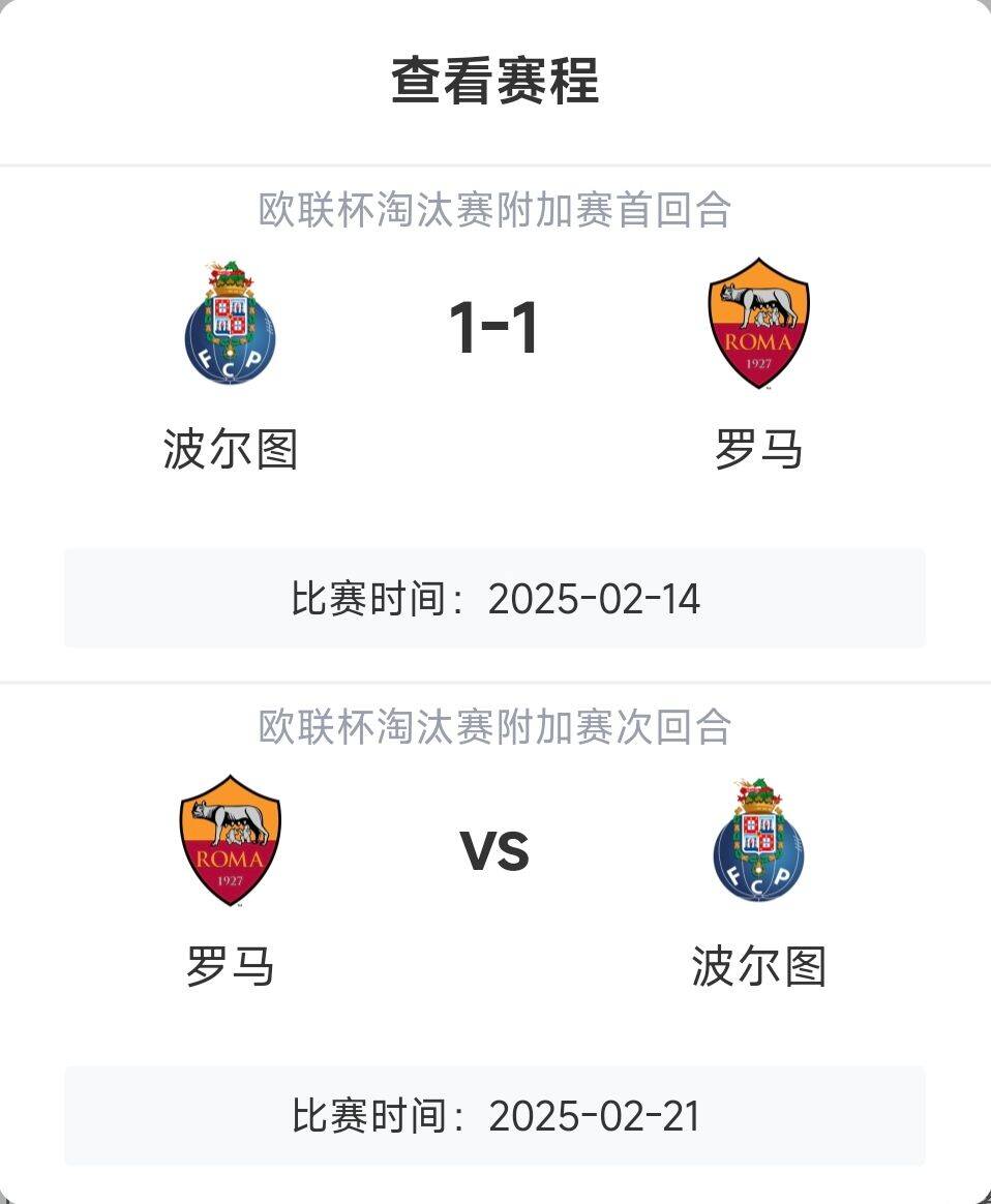  羅馬頂?shù)米幔恳饧讱W戰(zhàn)8隊3隊直通4隊出局，羅馬首回合1-1波爾圖
