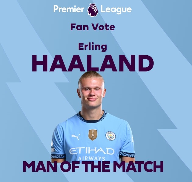  打進致勝球！英超官方：哈蘭德當選曼城1-0熱刺全場最佳球員