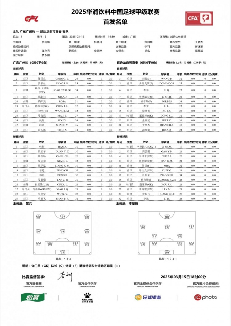  廣州豹vs延邊龍鼎首發(fā)：卡洛斯、羅薩、尼康三外援領(lǐng)銜廣州豹