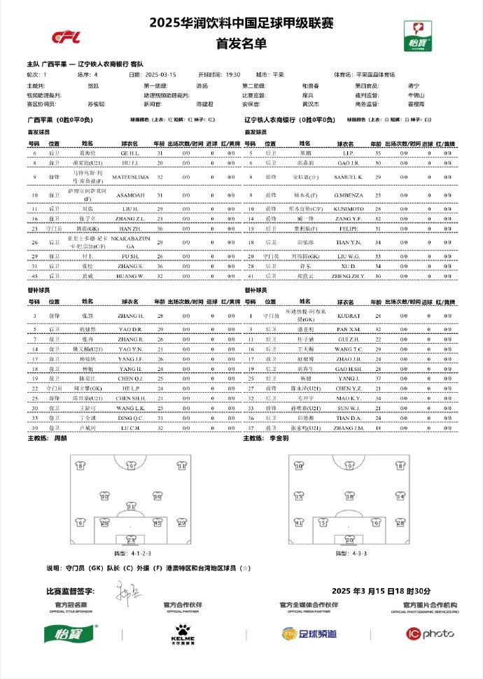  中甲-廣西平果vs遼寧鐵人首發(fā)：三外援對(duì)決三外援，安以恩出戰(zhàn)