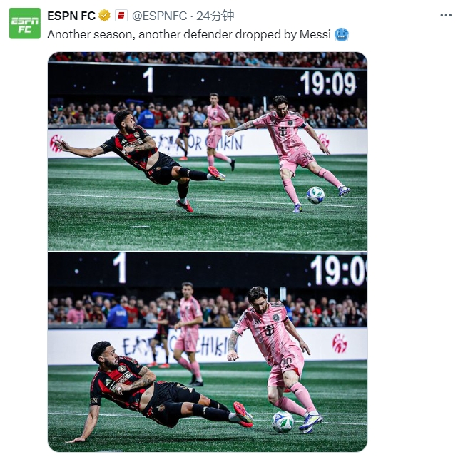  名場(chǎng)面記錄！ESPN曬照：又一個(gè)賽季，又一名后衛(wèi)被梅西扣倒
